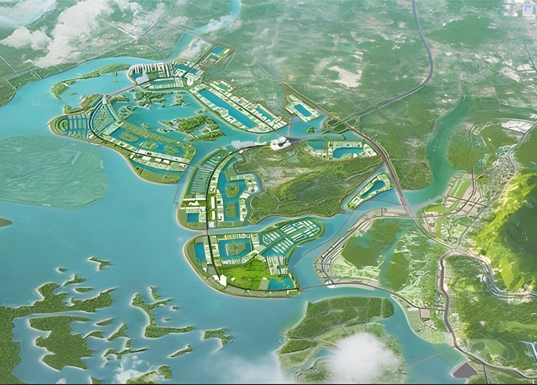 Từ trên cao, Vinhomes Global Gate hiện lên như một thành phố ven vịnh thu nhỏ – nơi kiến trúc, mặt nước và thiên nhiên hòa quyện trong tổng thể quy hoạch đẳng cấp quốc tế.