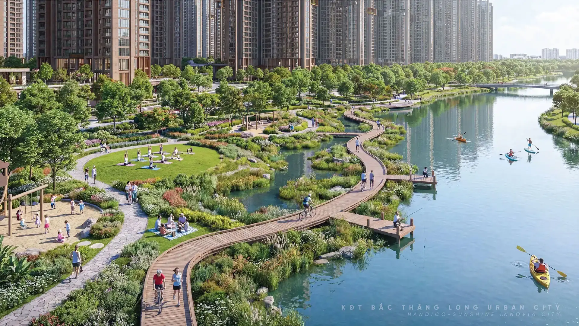 Hồ điều hòa trung tâm tại The Grand Riveria kết hợp hệ thống cây xanh đa tầng tạo không gian thư giãn thoáng đãng