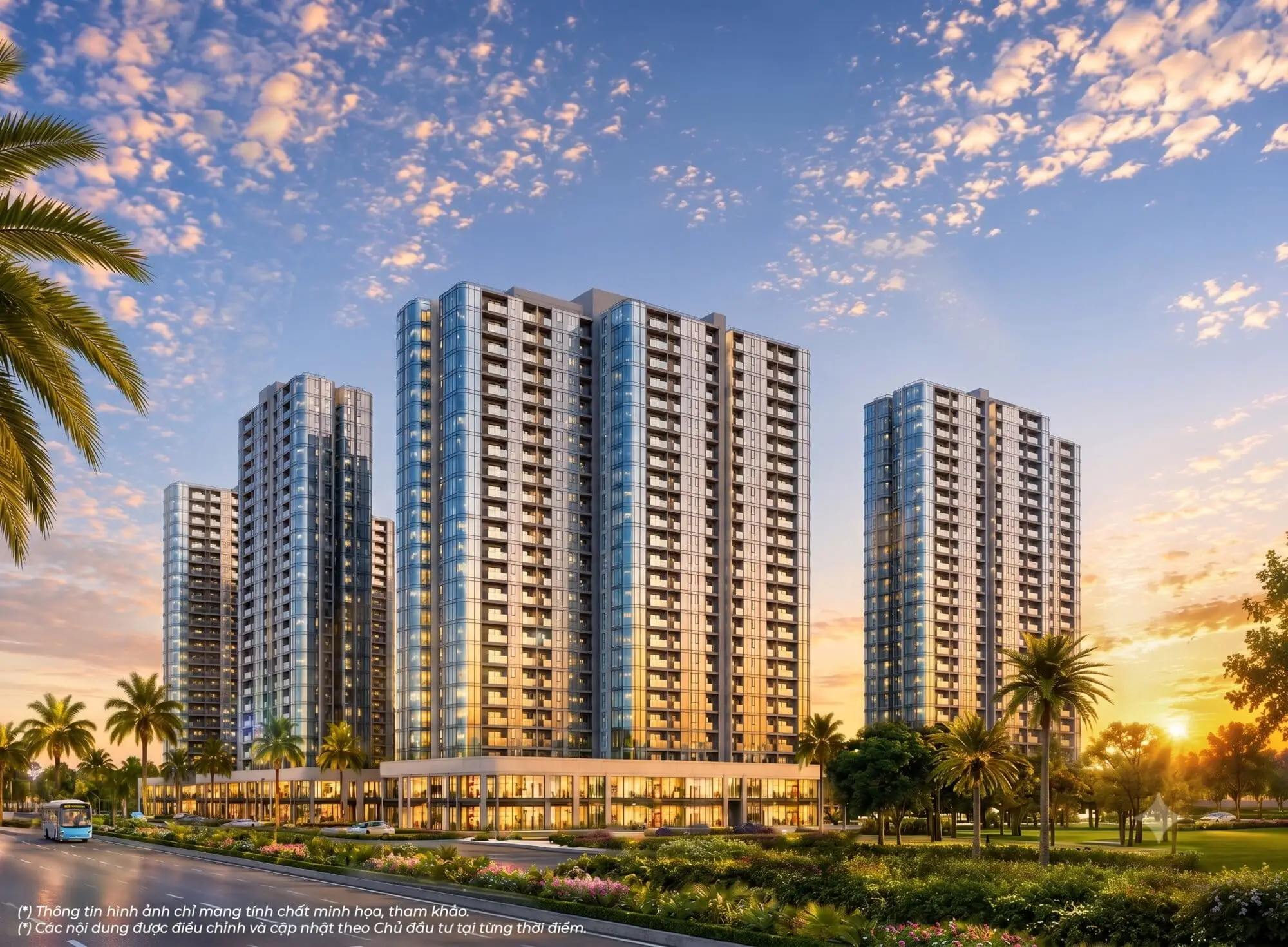 Các tòa căn hộ The Sunrise Bay nổi bật giữa không gian xanh ven biển. Phối cảnh các tòa căn hộ The Sunrise Bay tại Vinhomes Global Gate Hạ Long lúc hoàng hôn